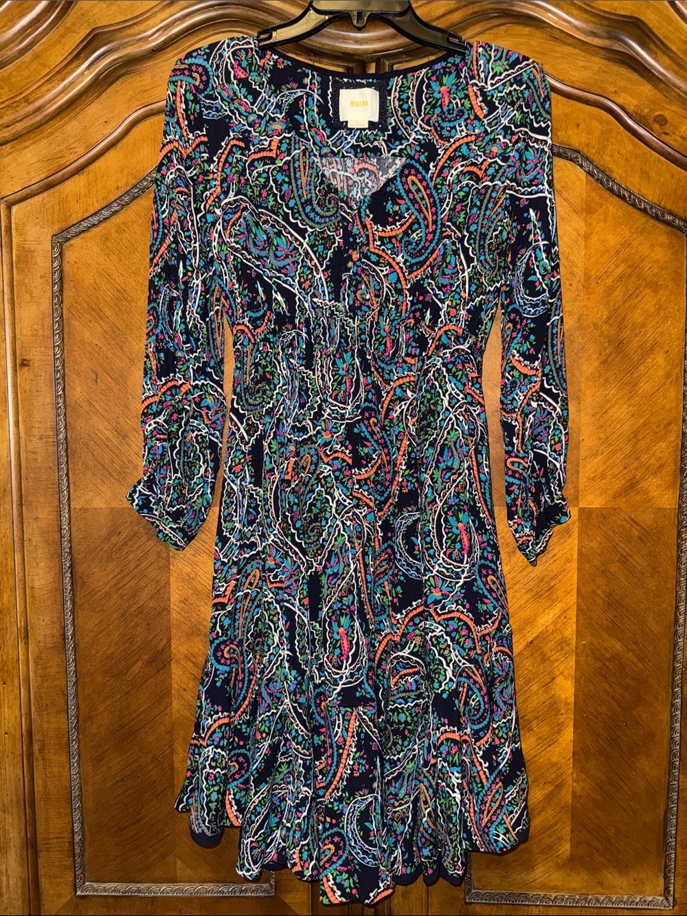 Maeve Navy Multicolor Paisley V-Neck Long Sleeve Dress